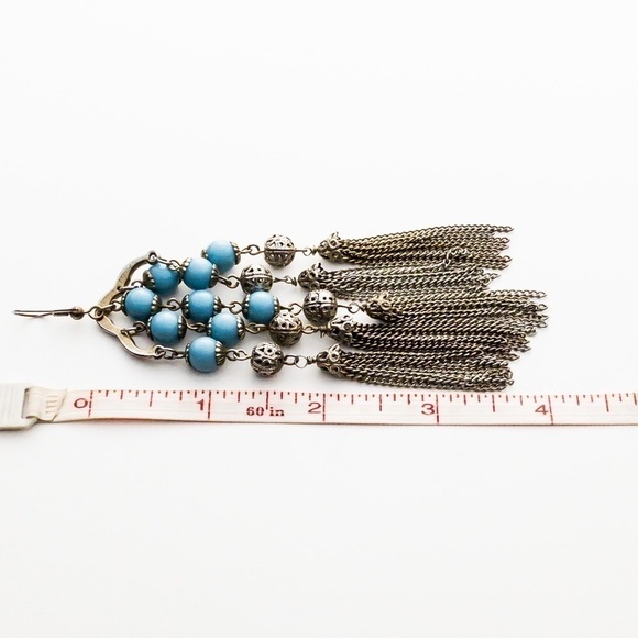 Silver Metallic Long Beaded Tassel Chandelier Drop Dangle Statement Earrings - Picture 5 of 5